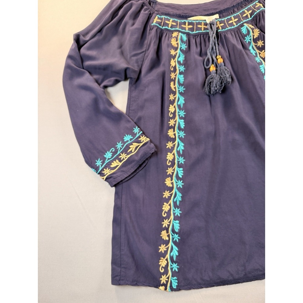 Urban Mangoz Embroidered Boho Peasant Top Navy Blue Tassel Cotton Small - Picture 4 of 12